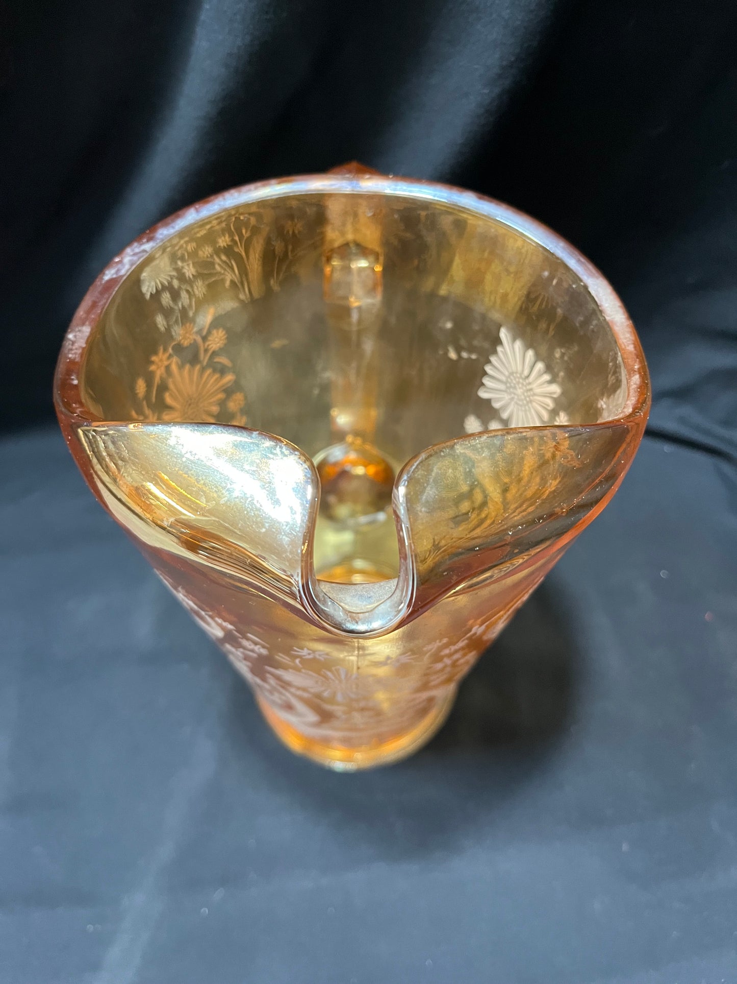 Vintage Jeanette Marigold Carnival Glass Pitcher with Floral Design
