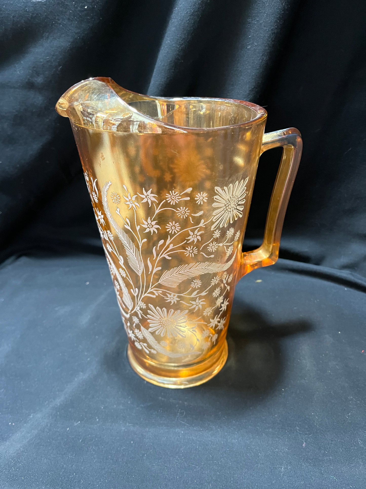 Vintage Jeanette Marigold Carnival Glass Pitcher with Floral Design