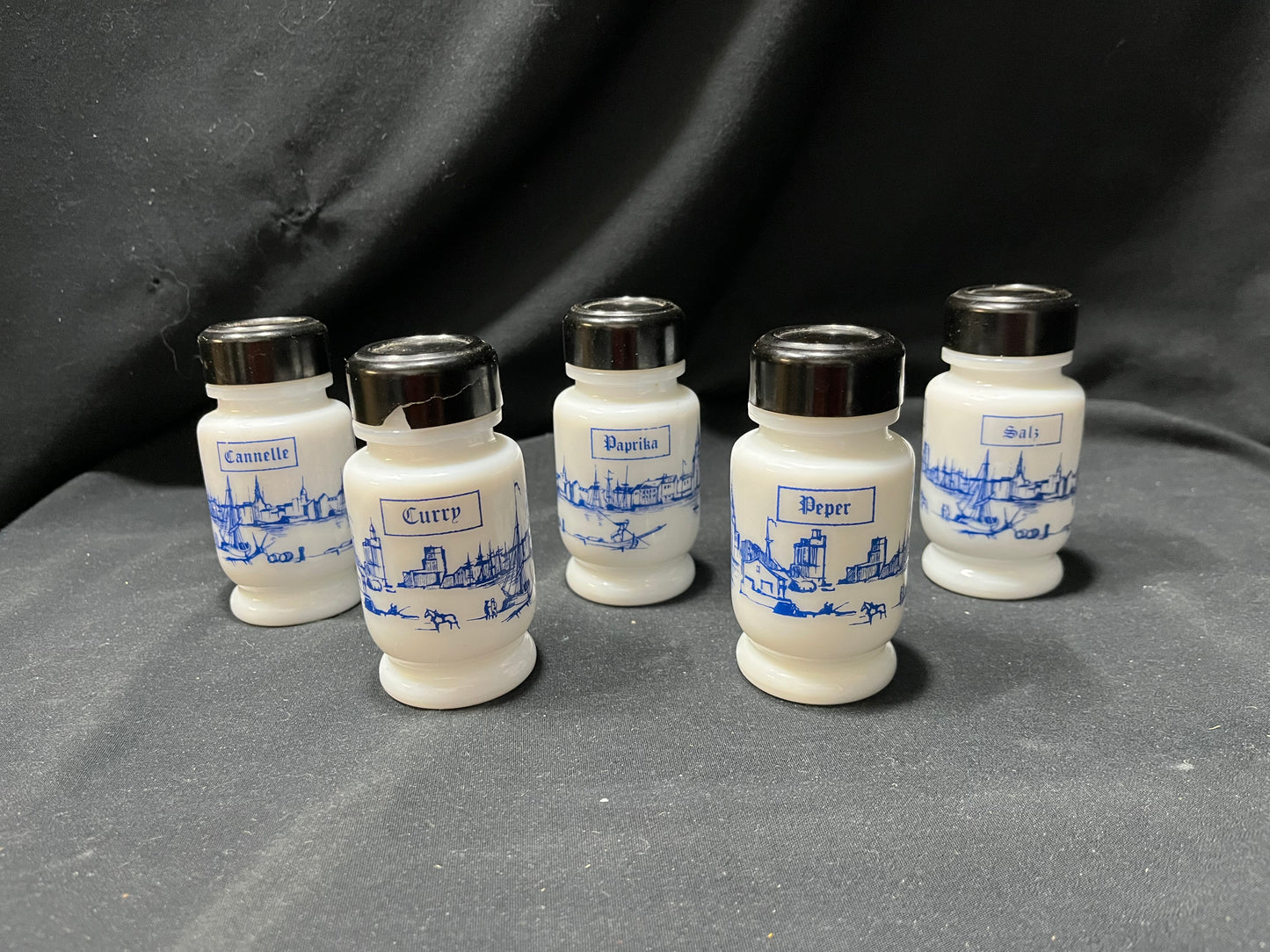 Belgium Milk Glass Spice Jars Set of 5