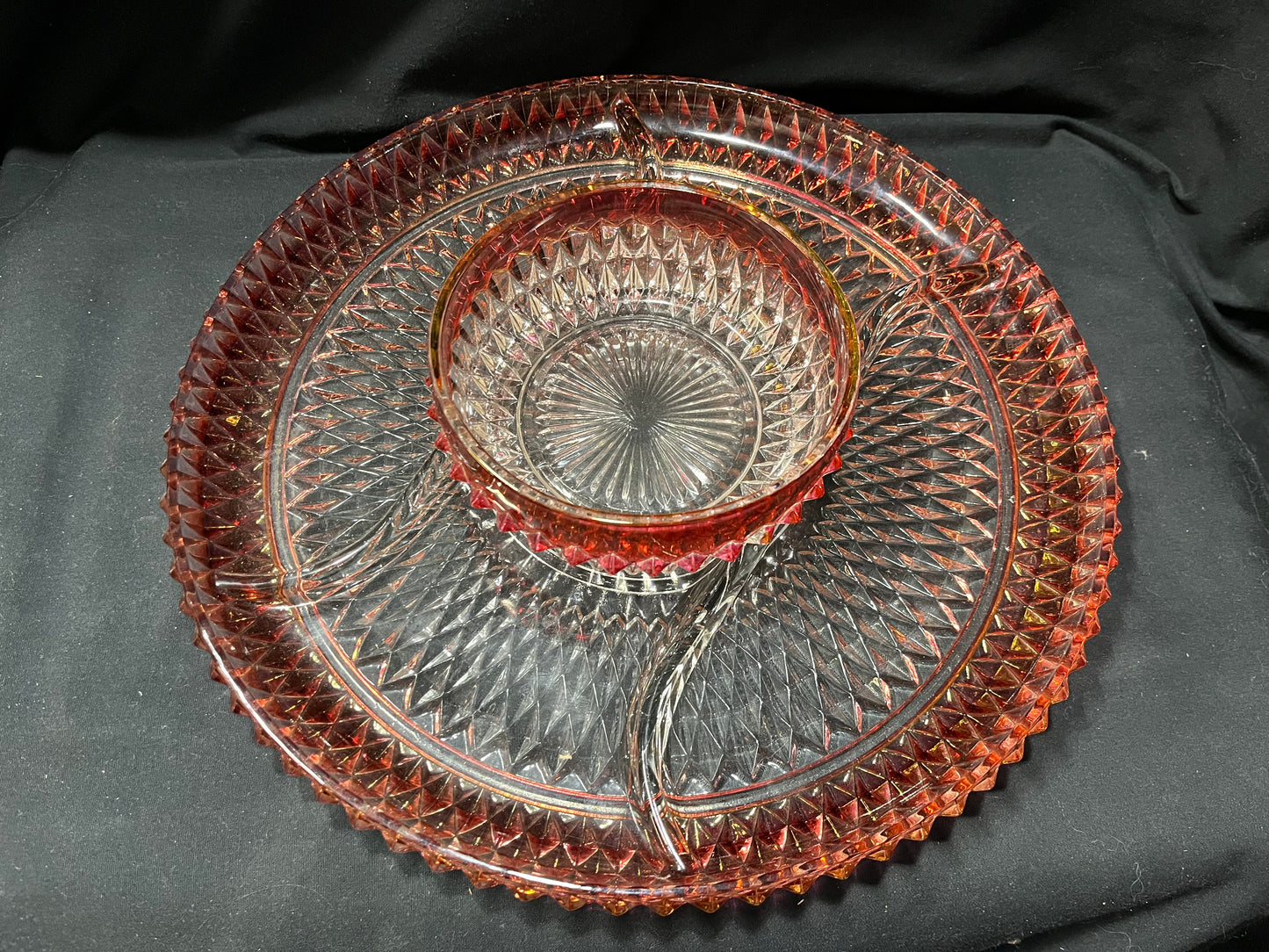 Diamond Pointe Cranberry Flash Serving Dishes - Relish Server and Bowl