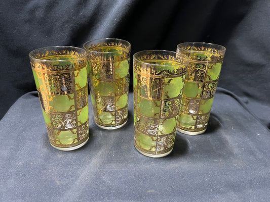Green and Gold Culver Prado Highball Drinking Glasses Set of 4