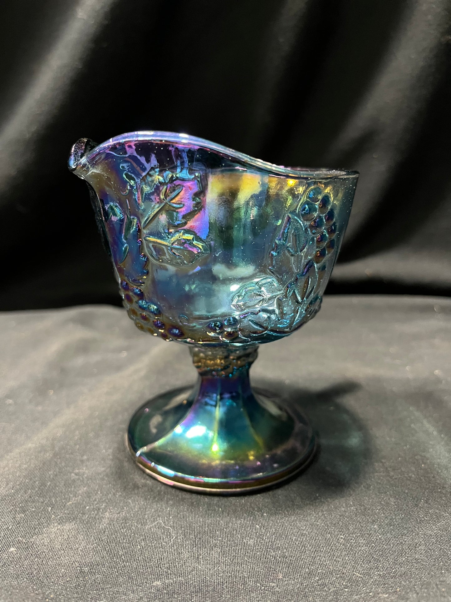 Carnival Glass Creamer, Iridescent Blue, Pedestal, Harvest Grape