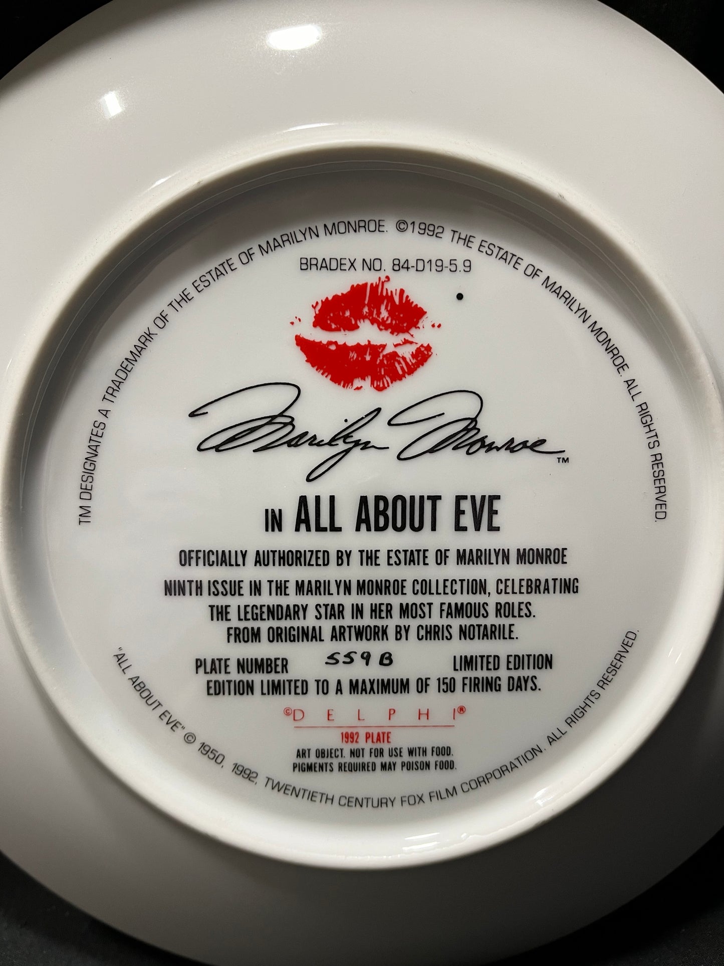 Marilyn Munroe Delphi 1992 "All About Eve" Plate for Bradford Exchange