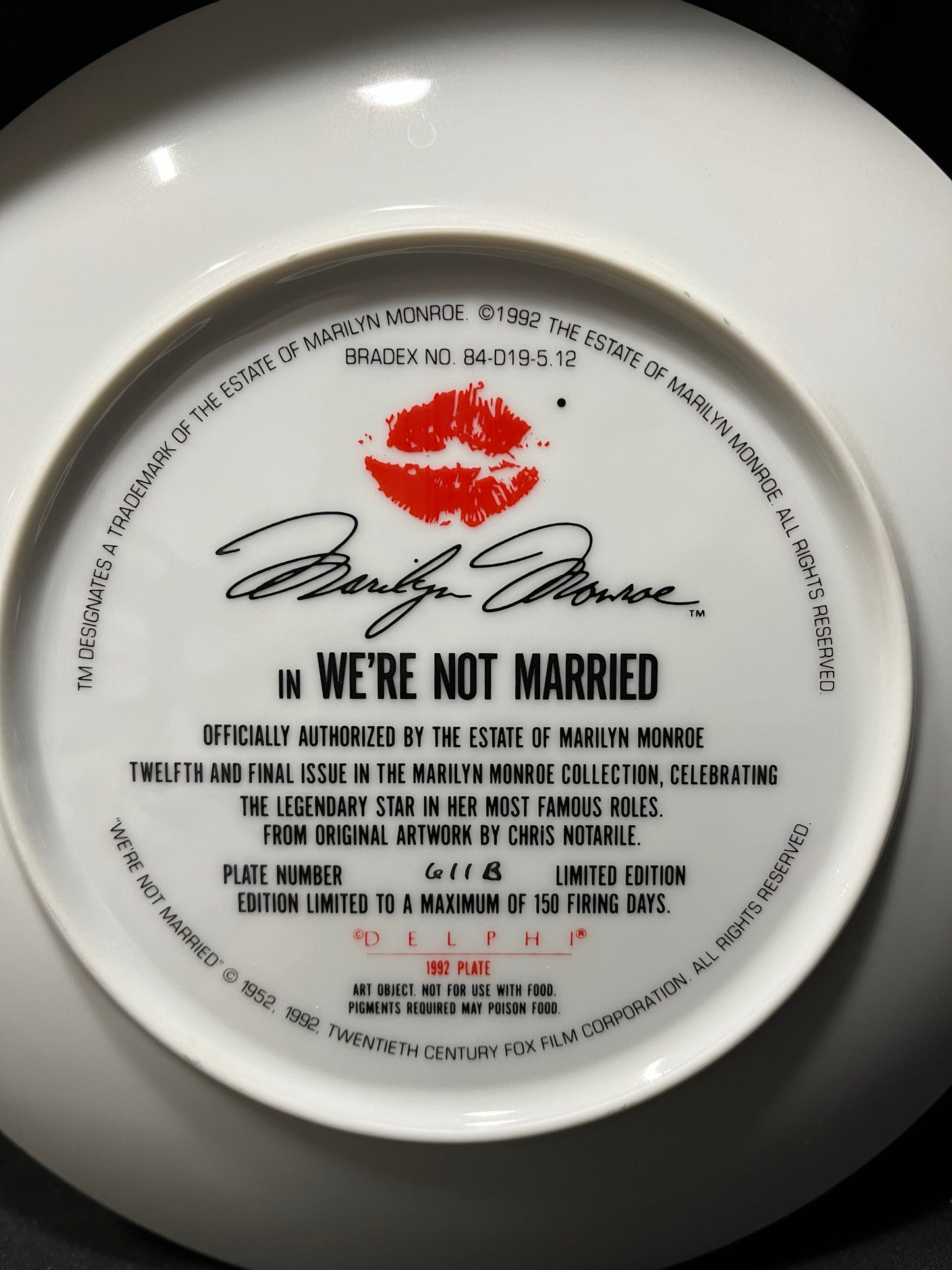 Marilyn Munroe 1992 Delphi Plate "We're Not Married" for Bradford Exchange