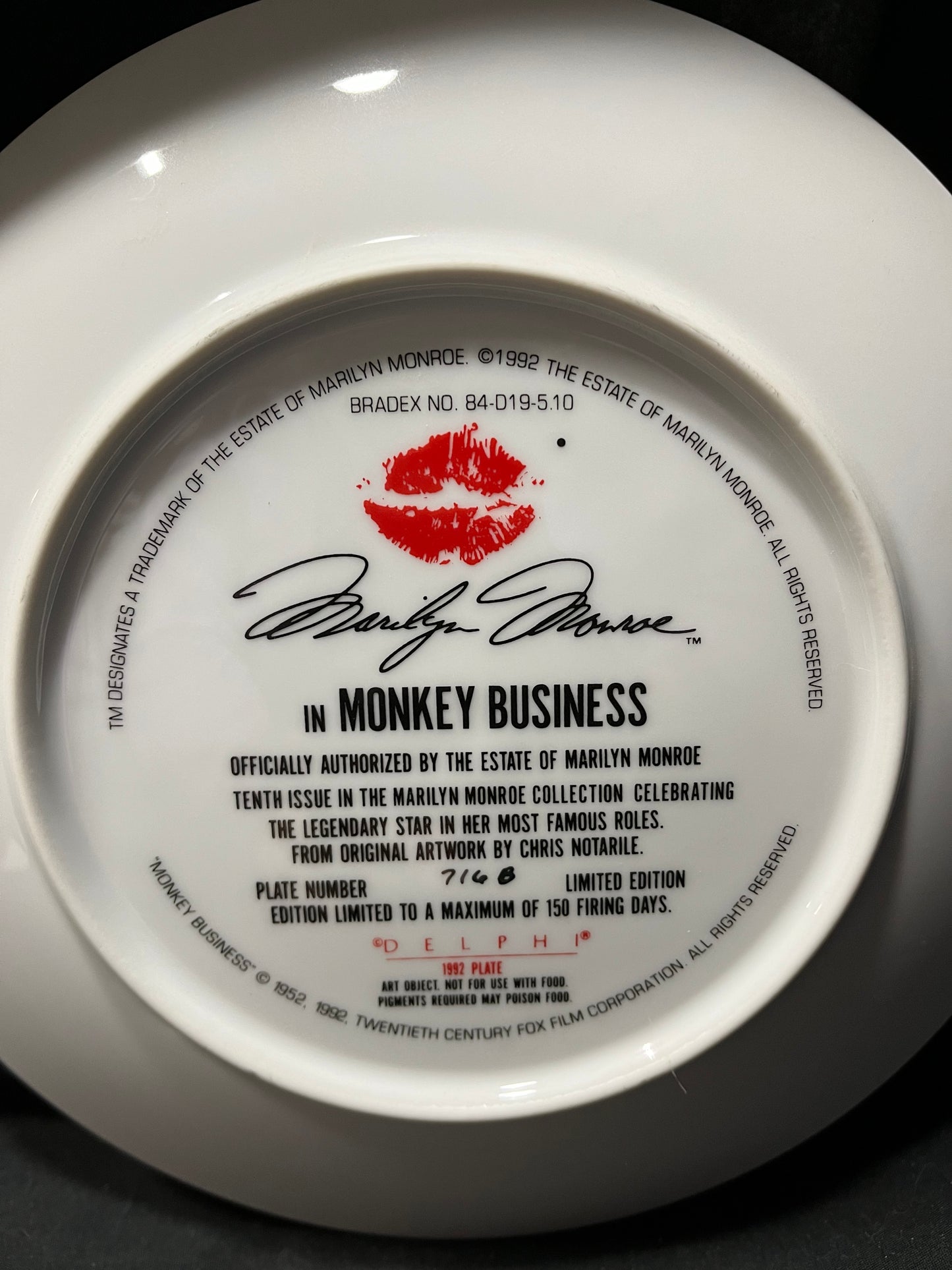 Marilyn Munroe 1992 Delphi Plate "Monkey Business" for Bradford Exchange