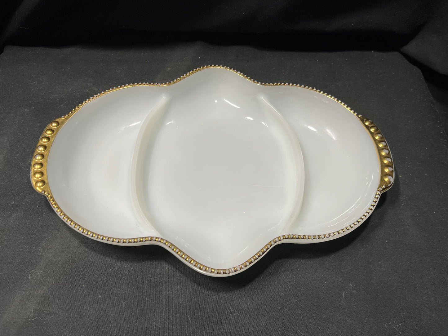 Fire King Milk Glass Divided Server with Gold Trim