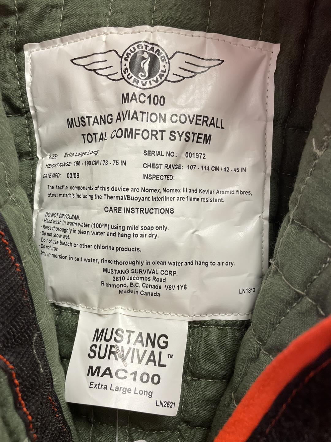 Mustang Aviation Coverall Total Comfort System